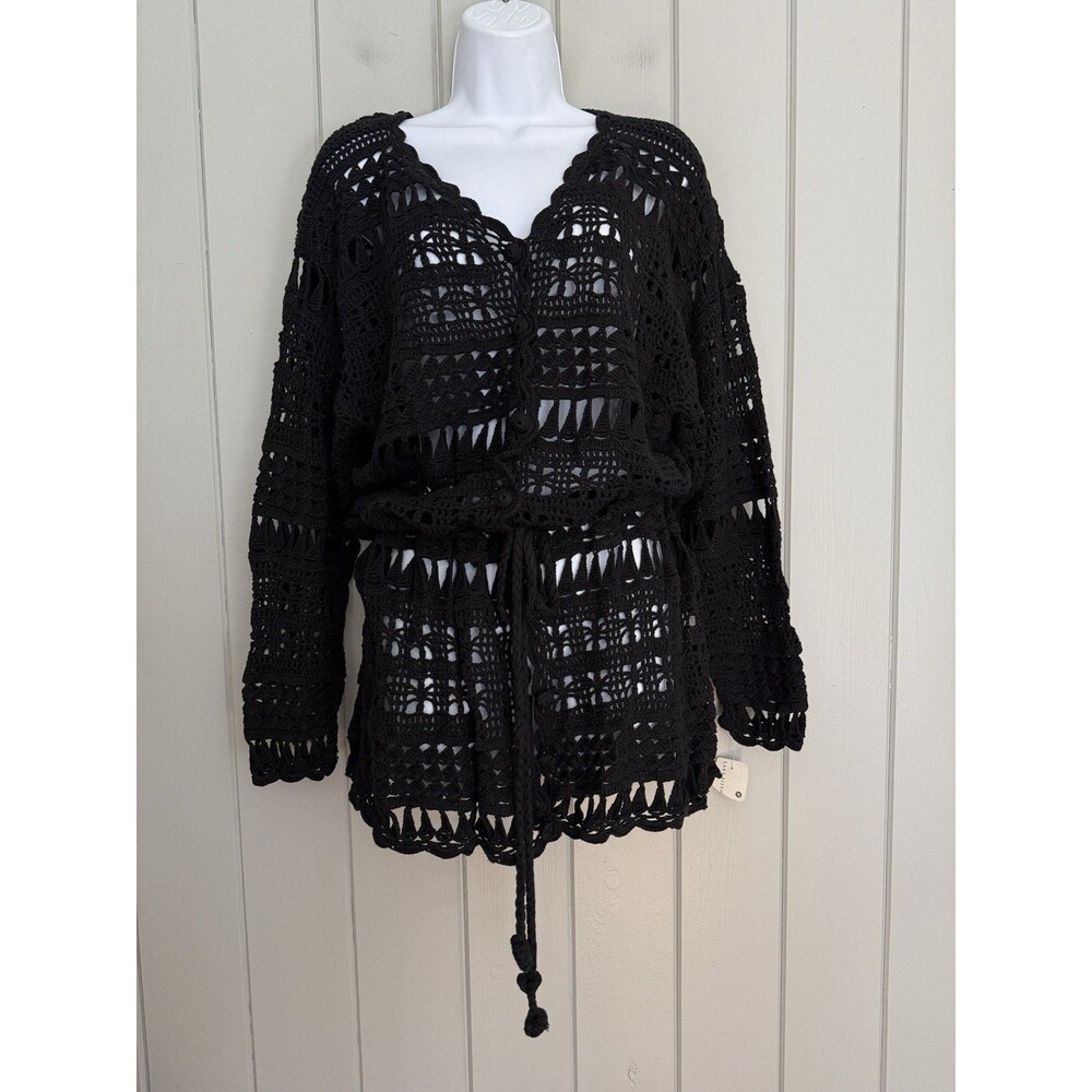NWT Gottex Saks Sweater M Medium Crochet Cover-Up Black Cinch Waist NEW
